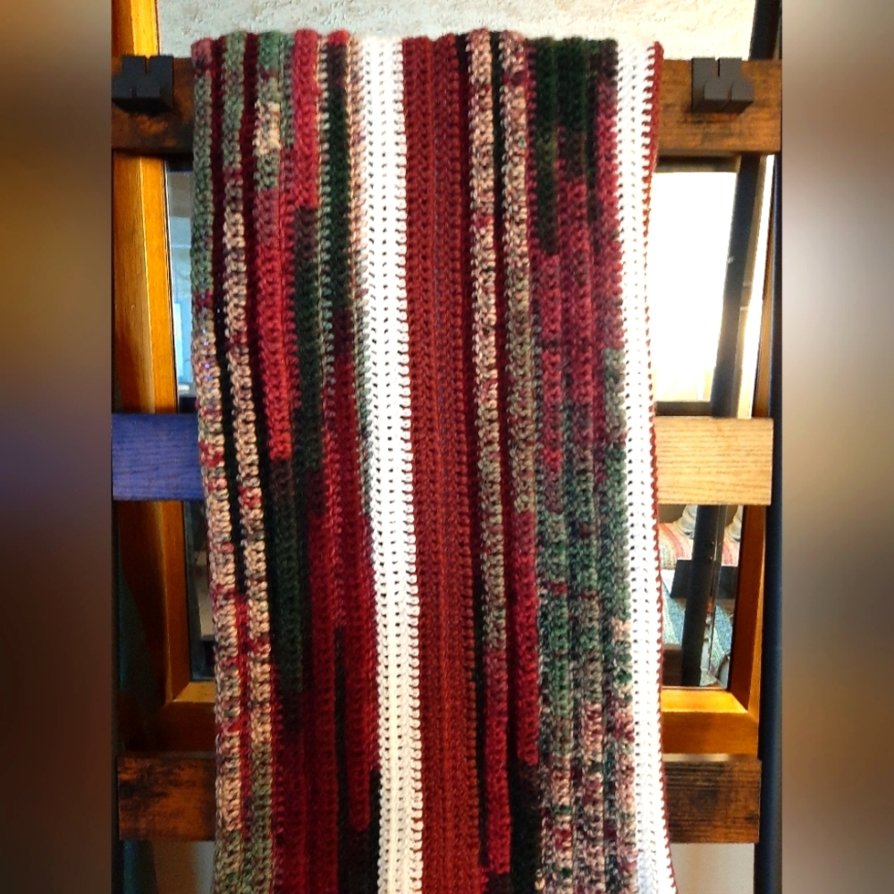 New Handmade Throw in Cranberry, Greens and White stripe